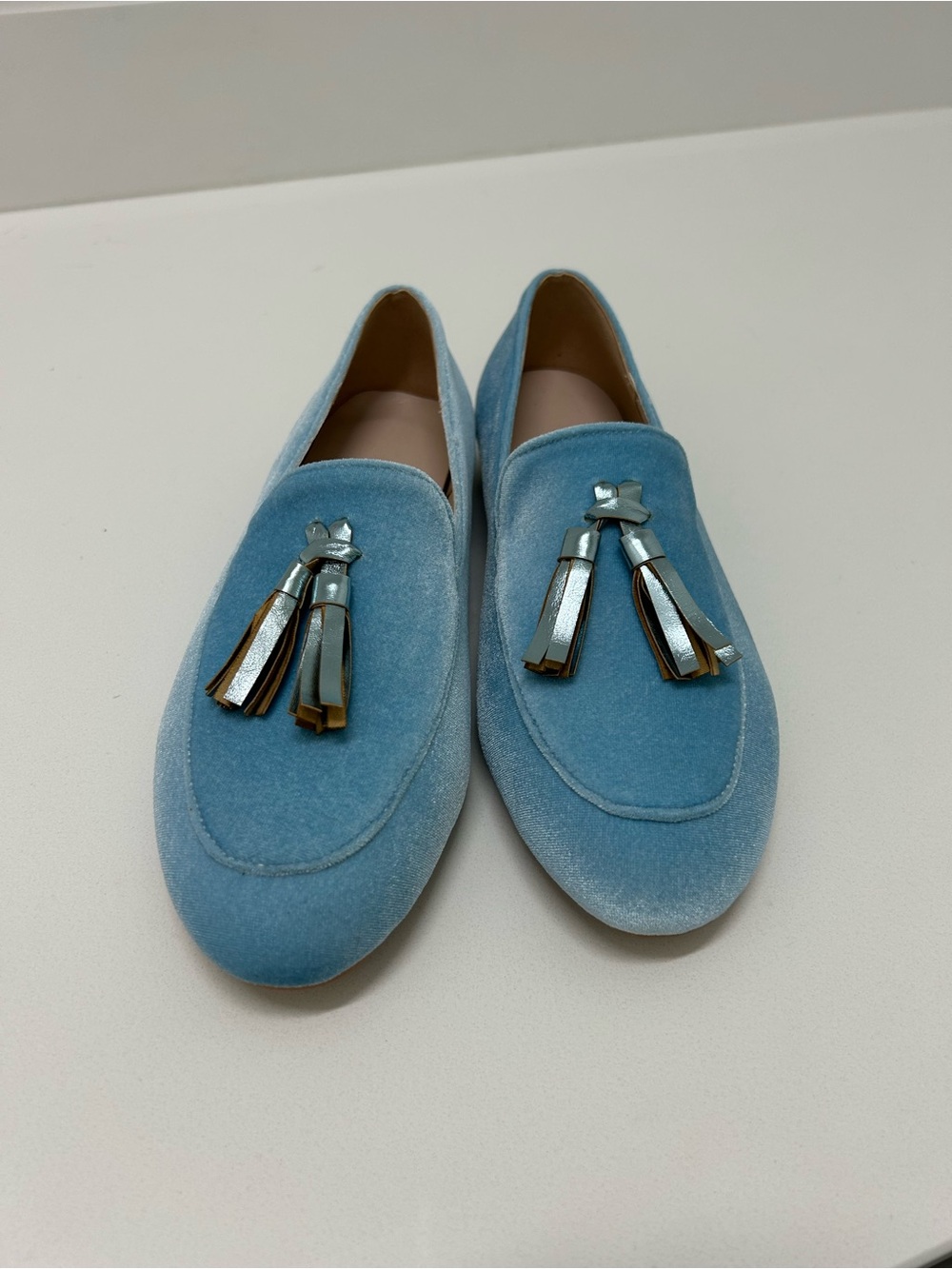 Women’s Light Blue Velvet Tassel Loafers - Slip-On Flats